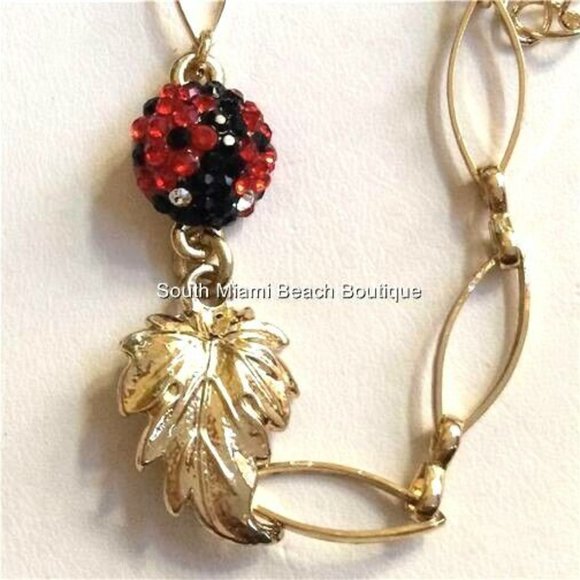 Ladybug Charm Bracelet Red Crystals Gold Plated Insect Lady Bug Leaves 6-8" - Picture 6 of 8